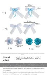 Nœuds en mesh bleu et charms de chaussures en cristal avec dimensions et poids