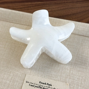 Detailed macro view of pearlescent white starfish hair claw clip with marble texture finish