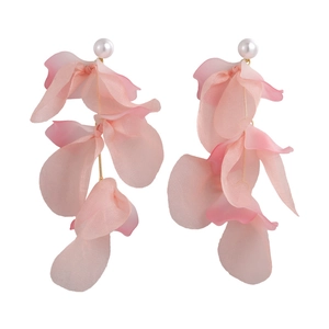 Elegant floral drop earrings with pink chiffon petals and white pearls for vacation style