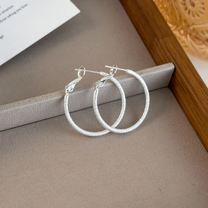 Detail of silver frosted hoop earrings on a brown tray and gray velvet background