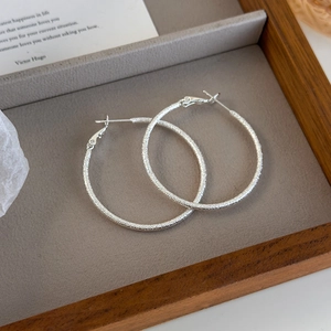 Macro detail of silver frosted hoop earrings with textured shimmering finish and latch-back