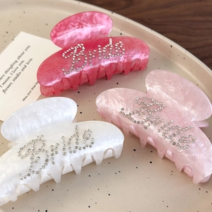 Large Acetate Hair Claw Clip Elegant Marble Texture Rhinestone Bride Letter Shark Clip Wedding Bridal Hair Accessories