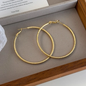 Detail of gold hoop earrings with glittery matte texture on a velvet jewelry tray