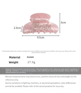 Detailed size view of the 9.5cm pink marble acetate Bride hair claw clip with rhinestones