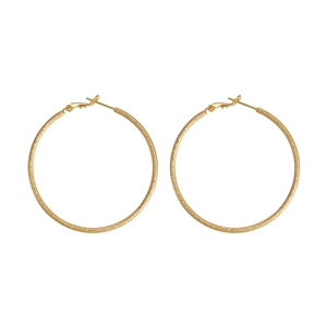 Detailed macro view of large golden frosted hoop earrings with shimmering stardust texture