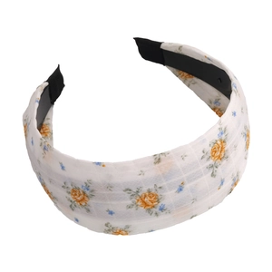 Serre-tête large floral français avec roses jaunes et motifs bleus sur tissu