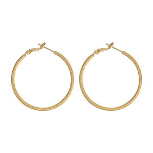 Close-up of golden frosted hoop earrings with fine shimmering glitter surface