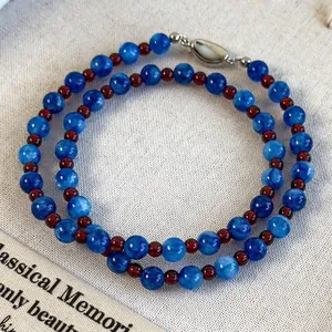 Retro Blue Stone And Red Glass Beaded Necklace For Women New Chinese Style Contrast Color Short Clavicle Chain Jewelry