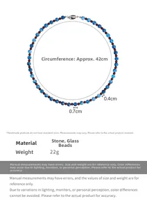 Detailed size specifications of blue and red beaded necklace with dimensions 42cm length