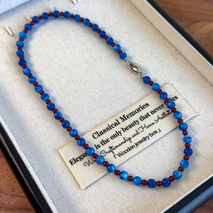Blue stone and red bead necklace with silver ingot buckle for women in vintage style