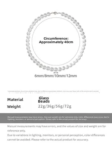 Size guide showing transparent glass bead necklace with bead diameter and length detail