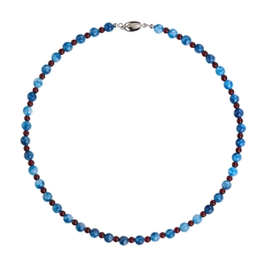 Short beaded necklace with blue stones and red glass beads featuring a silver metal clasp
