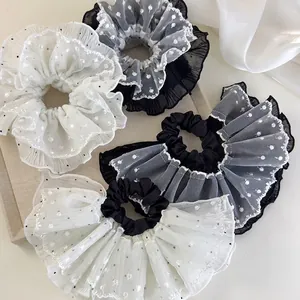 French Vintage Mesh Lace Scrunchies Polka Dot Organza Large Hair Ties Ruffle Ponytail Holder Women Elegant Hair Accessories