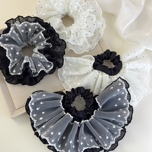 Elegant layered lace scrunchie with polka dots in black and white styles