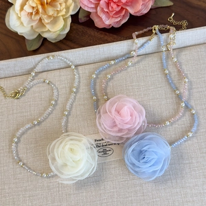 French style beaded necklace with organza rose flower pendant and crystal pearls