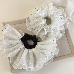 Elegant French lace polka dot scrunchie set with mesh pleated layers on beige base
