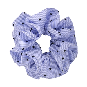Blue striped scrunchie with heart pattern and four-layer ruffles for ponytails