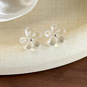 Vue macro de boucles d'oreilles fleurs en résine transparente avec centres en argent