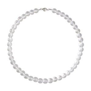 Minimalist clear acrylic beaded choker necklace with silver metal clasp on white background