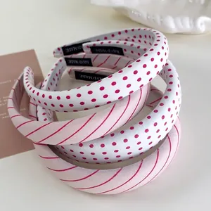 Sweet Ballet Pink Polka Dot Diagonal Stripe Wide Headband Fabric Wrapped Sponge Handmade High Top Hair Band For Women Girls