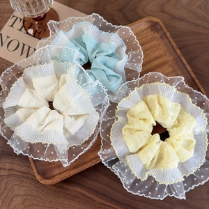 Three-piece French retro hair scrunchies set with polka dot lace mesh in cream, blue, and yellow