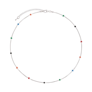 Silver snake chain necklace with vibrant colorful beads and adjustable lobster clasp