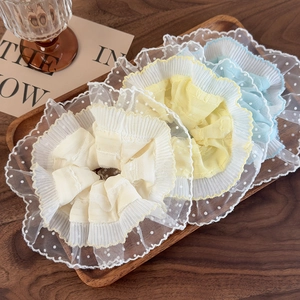 Three-piece set of elegant French lace polka dot hair scrunchies in pastel tones