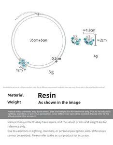 Detailed size and weight specs for green beaded necklace and white resin flower earrings set