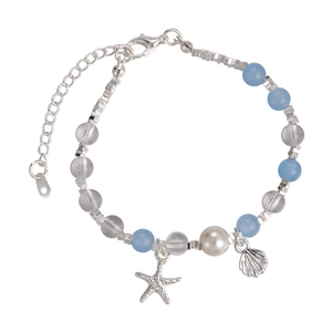 Bracelet perles étoile de mer et coquillage avec perles en verre bleu clair et argent