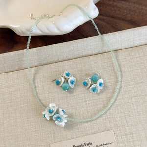 Fresh Mint Green Beaded Necklace Lily Of The Valley Resin Flower Alloy Jewelry With 925 Sterling Silver Earring Post For Women
