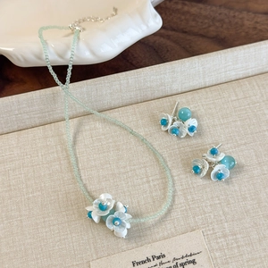 Mint green bead necklace and lily of the valley flower earrings set for women