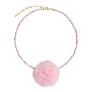 Elegant beaded choker featuring pink multifaceted beads and a large fabric flower pendant