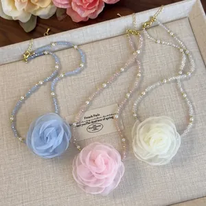 French Romantic Mesh Rose Flower Pendant Necklace For Women Elegant Beaded Chain Faux Artificial Pearl Choker Jewelry Dating Party