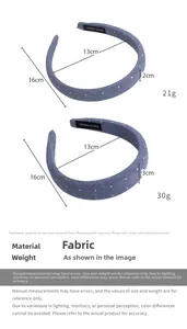 Detailed size chart showing 2cm and 3cm denim fabric headbands with weight and length