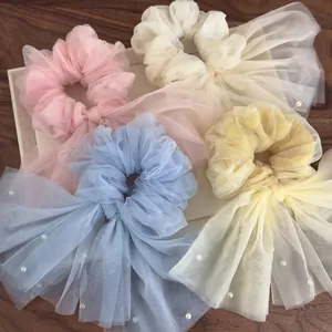 Chouchous Élégants en Maille Organza avec Nœud et Künstliche Perles de Culture Fantaisie avec Gland de Ruban Style Féerique pour Femme