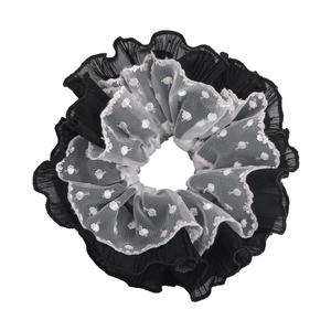 Elegant black lace hair scrunchie with white polka dot mesh detail for women hair styling