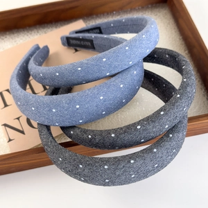 Three-piece denim hairband set with polka dots and high crown style for women