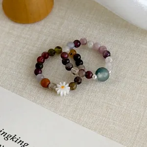 Women Colorful Natural Stone Beaded Ring Handmade Elastic Daisy Flower Niche Design Adjustable Finger Ring Jewelry For Girls