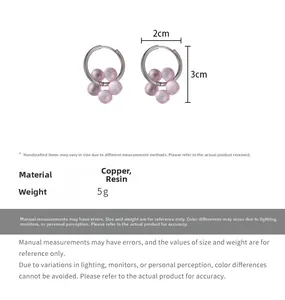 Detailed spec view of silver floral hoop earrings with pink beads showing 3cm height