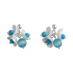 Detailed macro view of mint green flower cluster earrings with turquoise and cat-eye beads