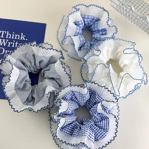 Sweet Blue Plaid Oversized Scrunchie Double Layer Lace Edge Pleated Hair Tie Fresh Style Ponytail Holder Fashion Hair Accessory