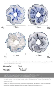 Detail view of blue plaid and lace scrunchies with specific size and weight labels