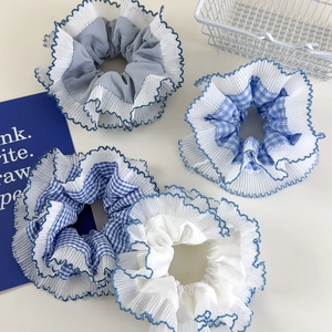 Blue plaid and lace ruffle hair scrunchies set for ponytail styling and elegant hair decor