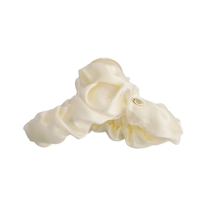 Elegant cream satin layered pleated hair claw clip with handmade gold metal tag