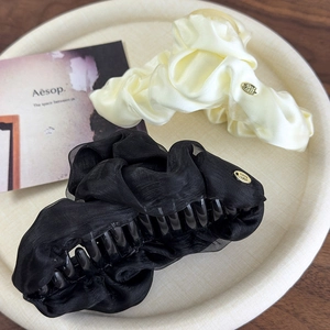 Elegant large double-layer mesh ruffle hair claw clips in beige satin and black chiffon fabric