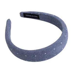 Wide blue polka dot denim headband with high top design and handmade label