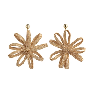 Exaggerated straw woven flower earrings in bohemian style with golden studs