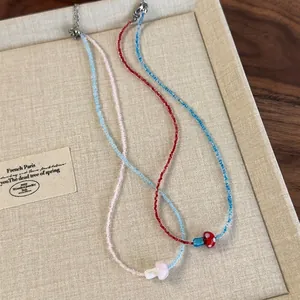 Sweet Mushroom Beaded Necklace Handcrafted Glass Bead Choker Color Block Mushroom Pendant Necklace For Women Fashion Jewelry