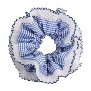 Blue and white gingham scrunchie with white lace trim and blue stitched edges