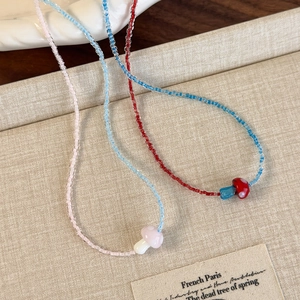 Sweet beaded mushroom necklace featuring red and blue contrast colors for girls